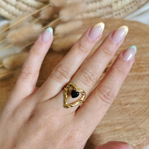 Bague en acier inoxydable doré et pierre fine d'onyx 