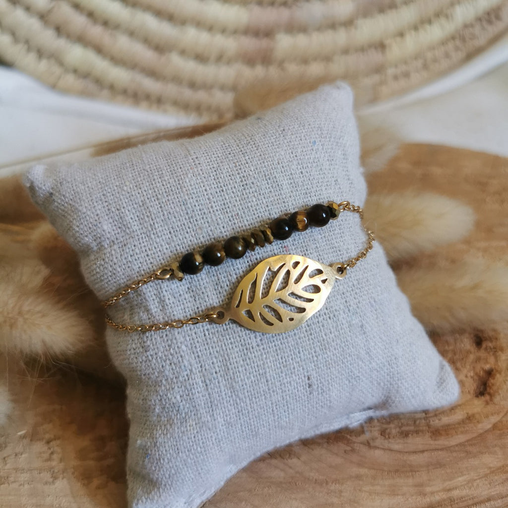 Bracelet double chaine en Acier inoxydable doré et oeil de tigre 