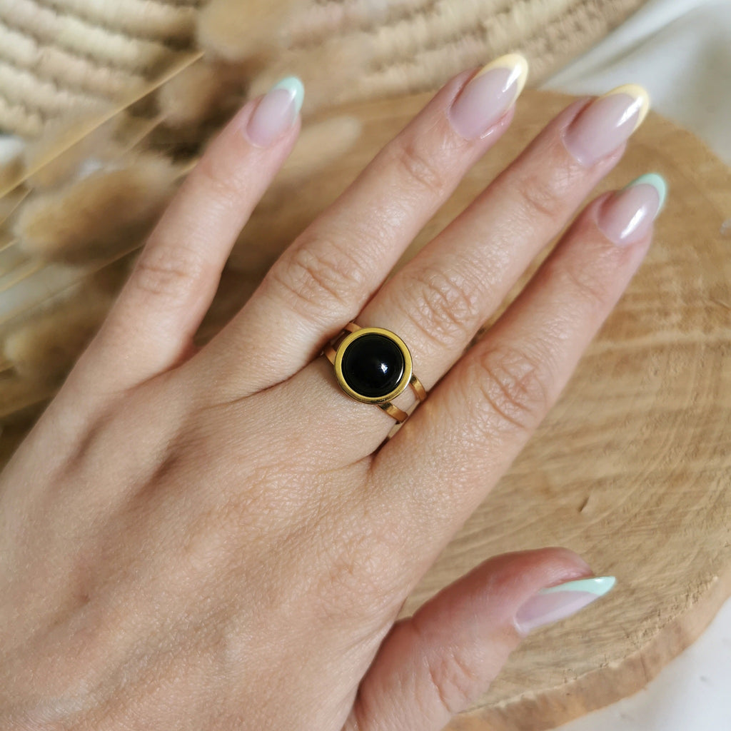 Belle bague en Acier inoxydable doré réglable avec pierres naturelle d'onyx noir
