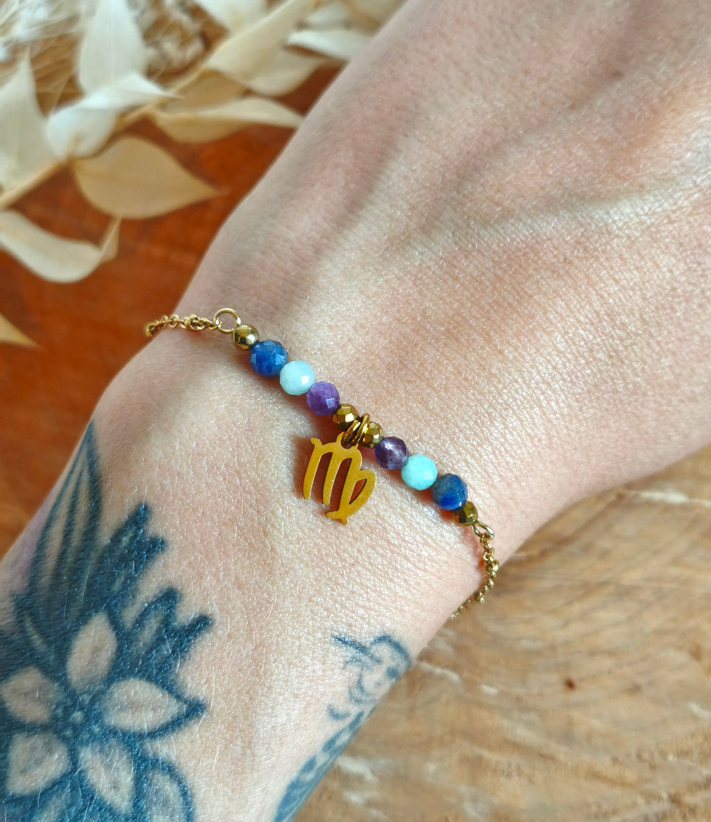 Dans la collection des bracelets avec les signes astrologiques le signe de la Vierge avec amethyste sodalite et aigue-marine