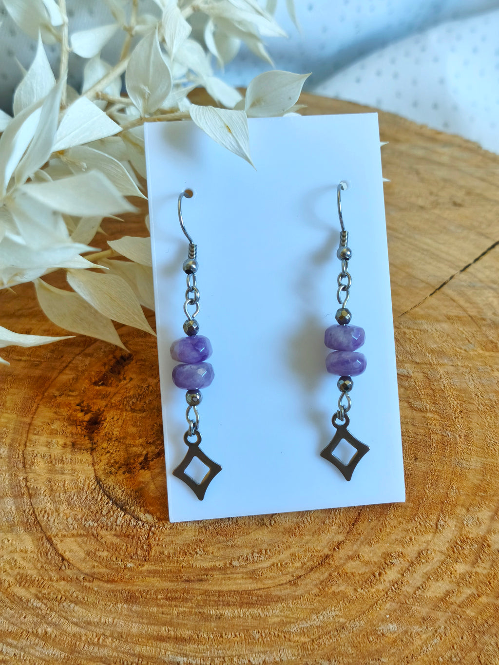 Paire de boucles d'oreilles pour femme en acier argenté et améthyste