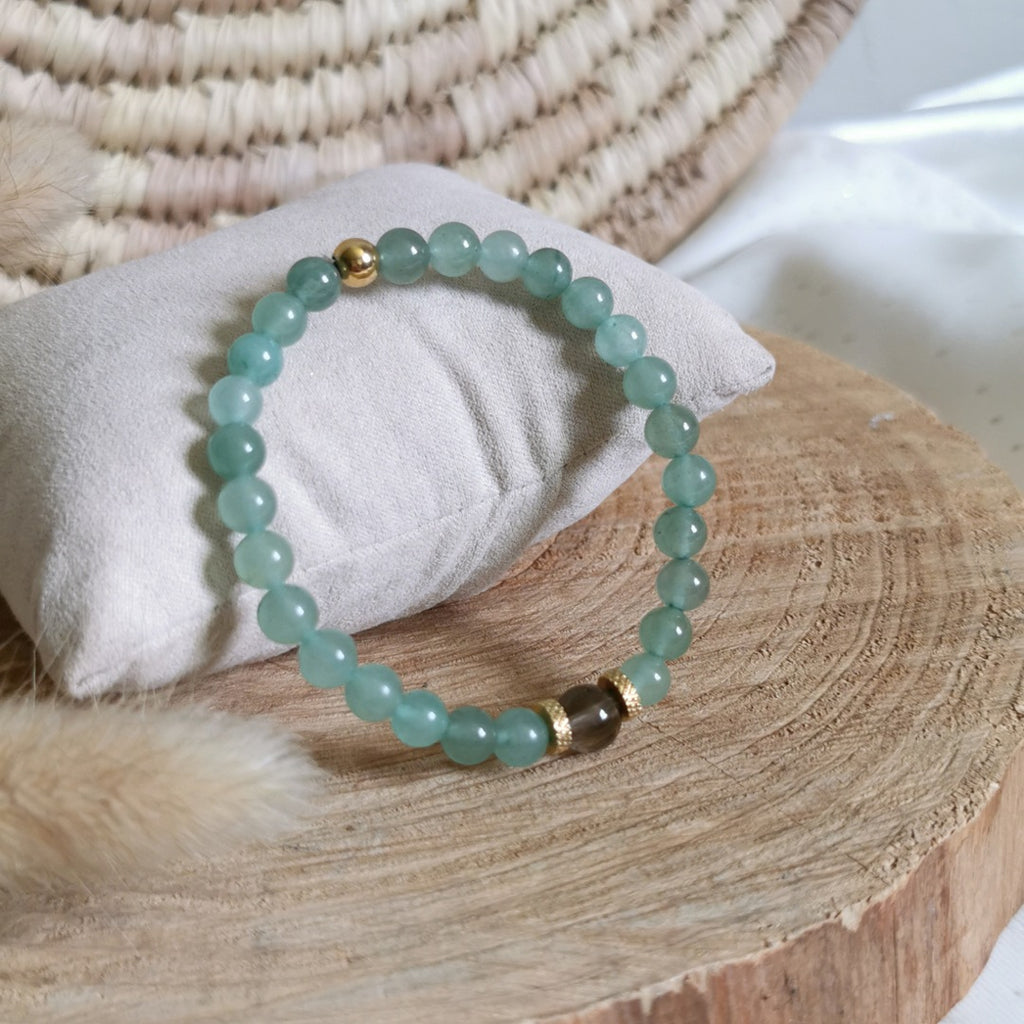 Bracelet en aventurine et cristal de roche fumé sur fil élastique 