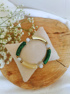 Bracelet tube vert , doré et beige en acrylique et pierres de péristérite