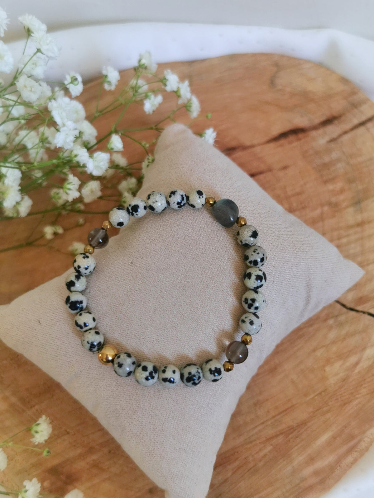 bracelet bijoux pierres naturelles jaspe dalmatien et labradorite