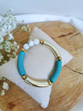 Bracelet sur fil elastique tubes acrylique bleu et doré et péristérite