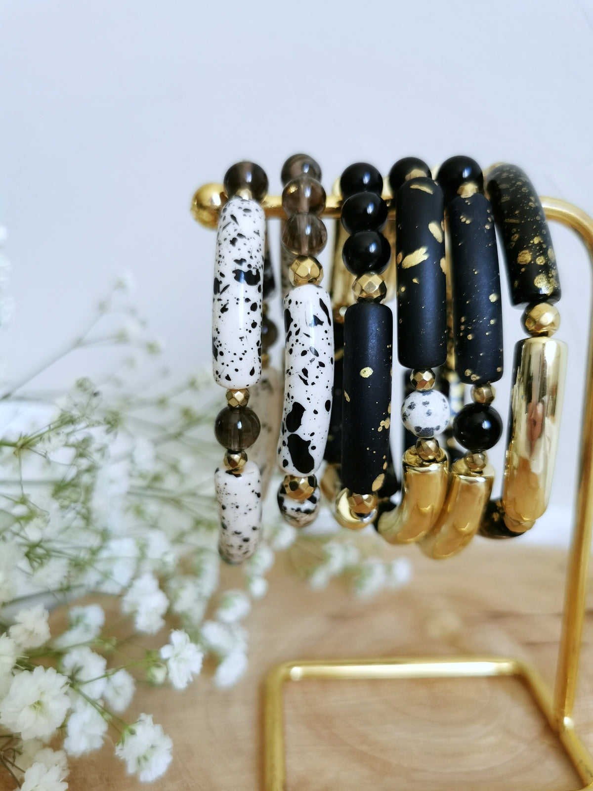 Bijoux bracelets fantaisies en tubes acrylique et pierres naturelles pour femme, jeune fille