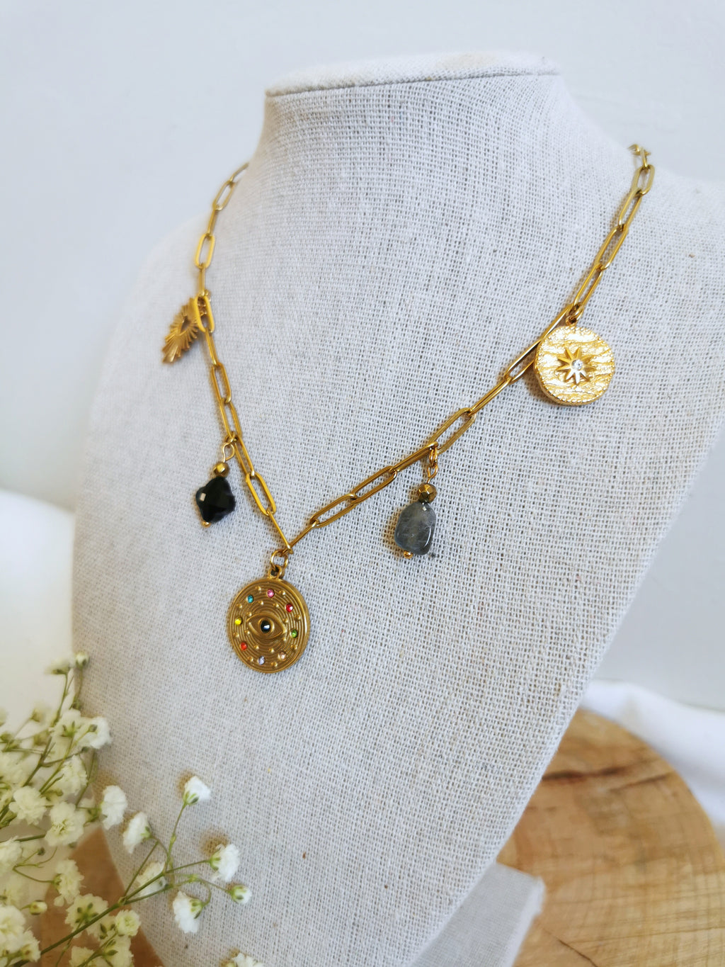 Collier en acier doré pour femme avec labradorite et onyx