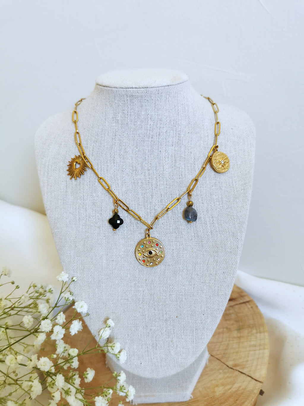collier tendance pampilles acier doré et pierres naturelles bar  charm's