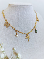 Collier en acier inoxydable dorén pampilles et pierres fines 